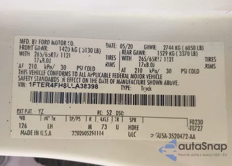 2020 Ford Ranger Xlt z USA, uszkodzony, nr VIN 1FTER4FH8LLA38398